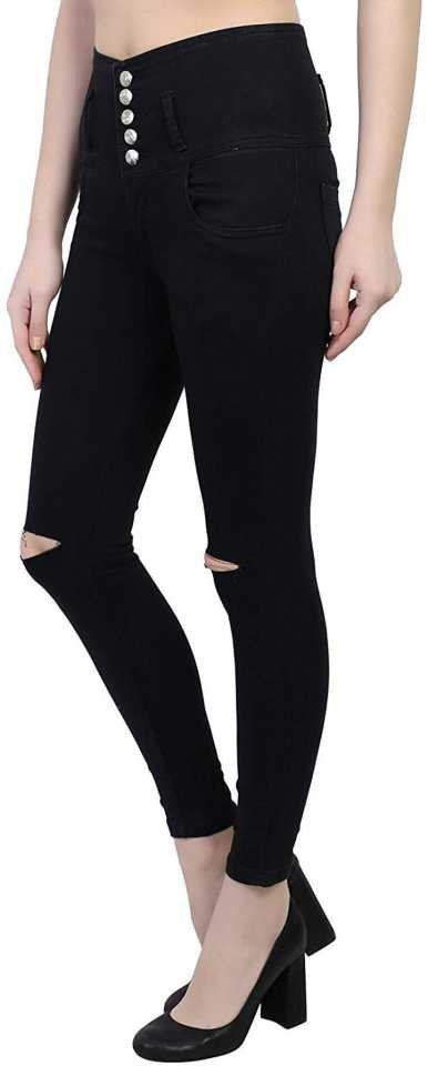 5-Button Knee-Cut High Waist Skinny Jeans for Women
