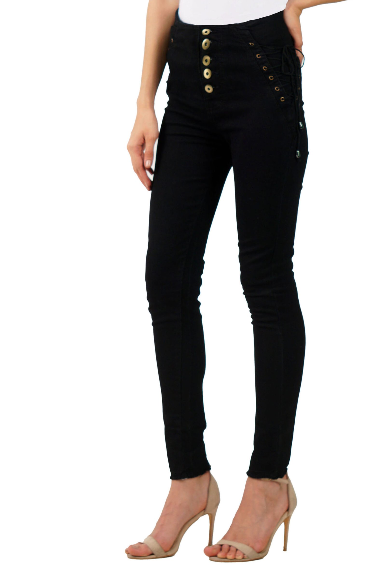 Black Denim Side Drawstring Skinny Women's Jeans