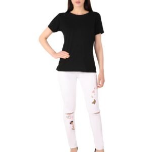 MM-21 White Embroidery Knee Cut Skinny Women Jeans