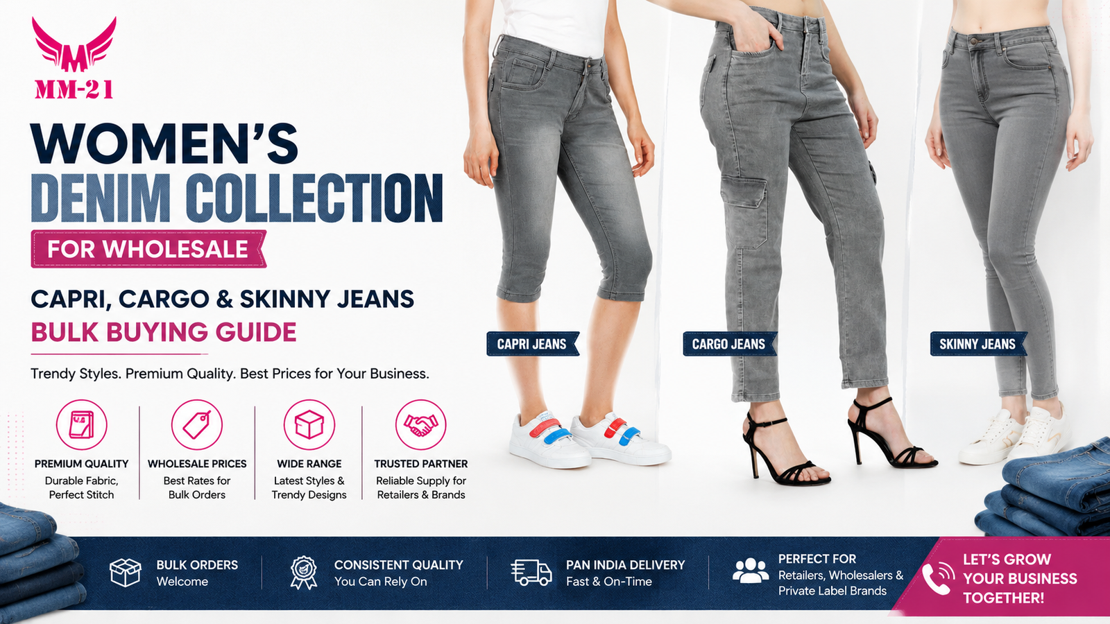 Women's Denim Collection for Wholesale: Capri, Cargo & Skinny Jeans Bulk Buying Guide